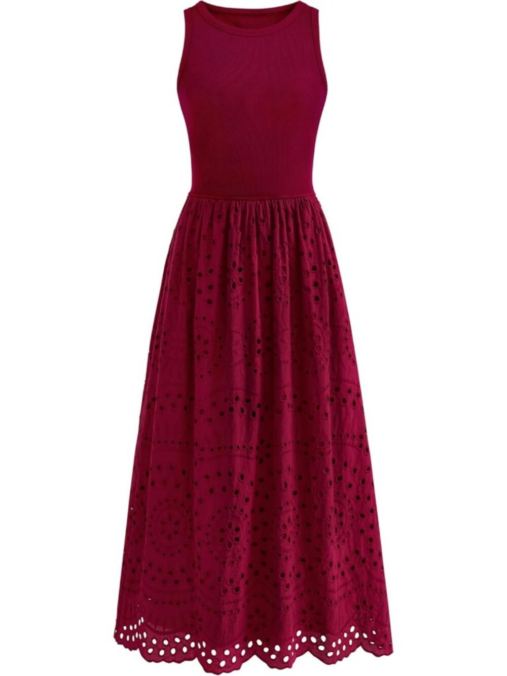Women's Wine Red Sleeveless Crew Neck Lace Imported A-line Cotton Maxi Dress